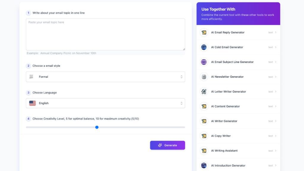 A screenshot of AI FreeBox's Free AI Email Writer
