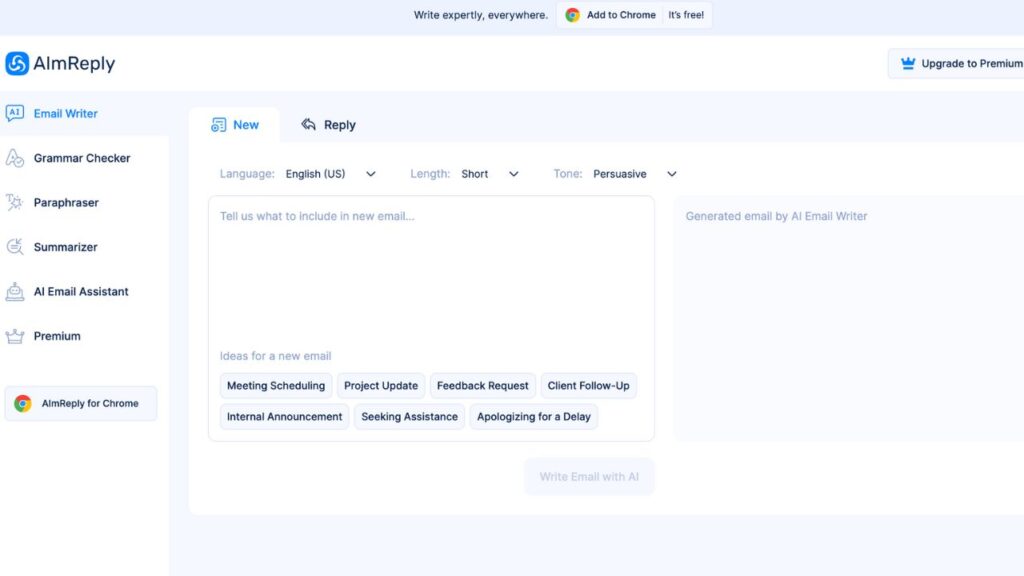 A screenshot of AImReply's Free AI Email Writer