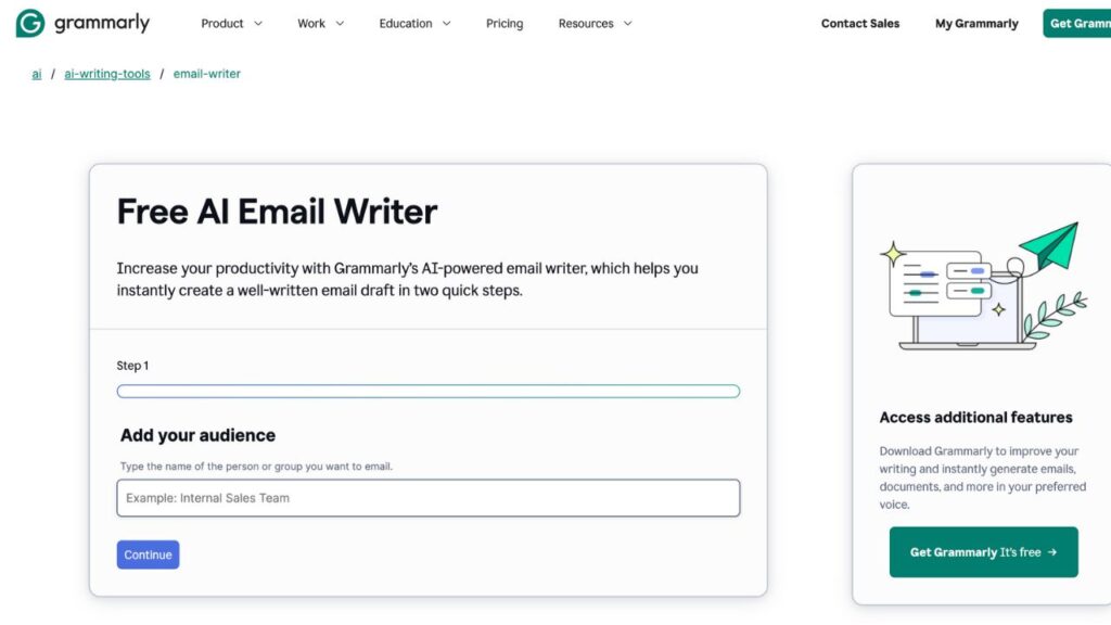 A screenshot of Grammarly's Free AI Email Writer