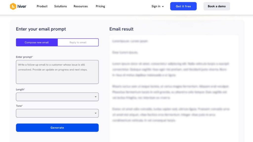 A screenshot of Hiver's Free AI Email Writer