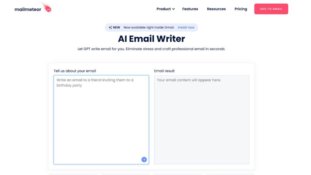 A screenshot of Mail Meteor's AI Email Writer