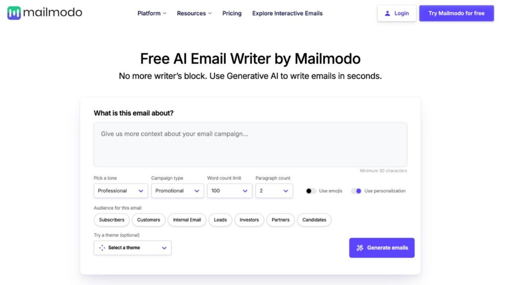 A screenshot of Mail Modo's Free AI Email Writer