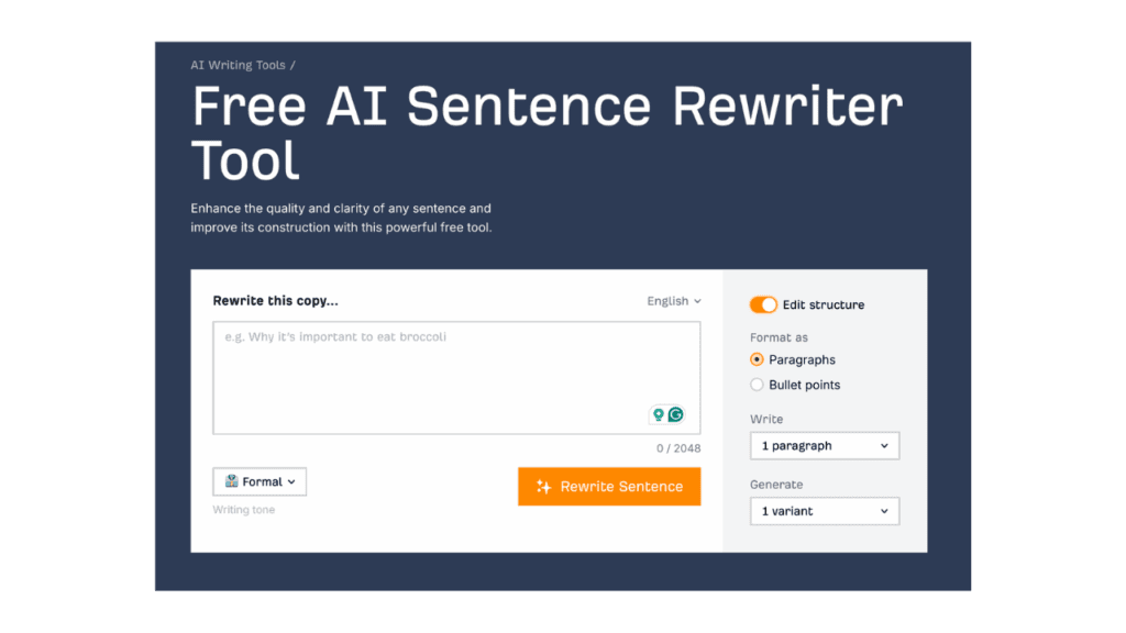 Photo showing the homepage of Ahrefs' free AI sentence rewriter tool