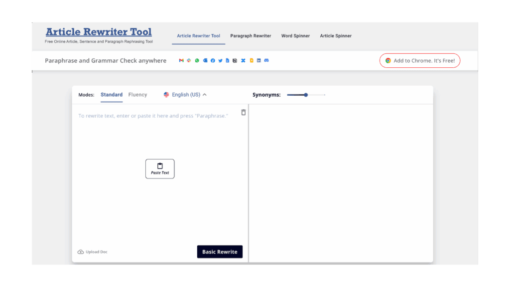 Homepage showing the Article Rewriter Tool