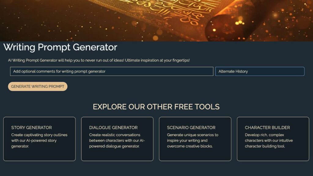 Photo showing the homepage of Fable Fiesta's Fantasy' writing prompt generator