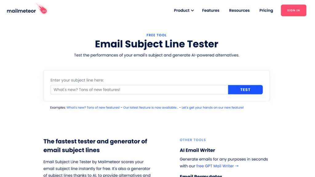 Photo showing the homepage of MailMeteor subject line tester