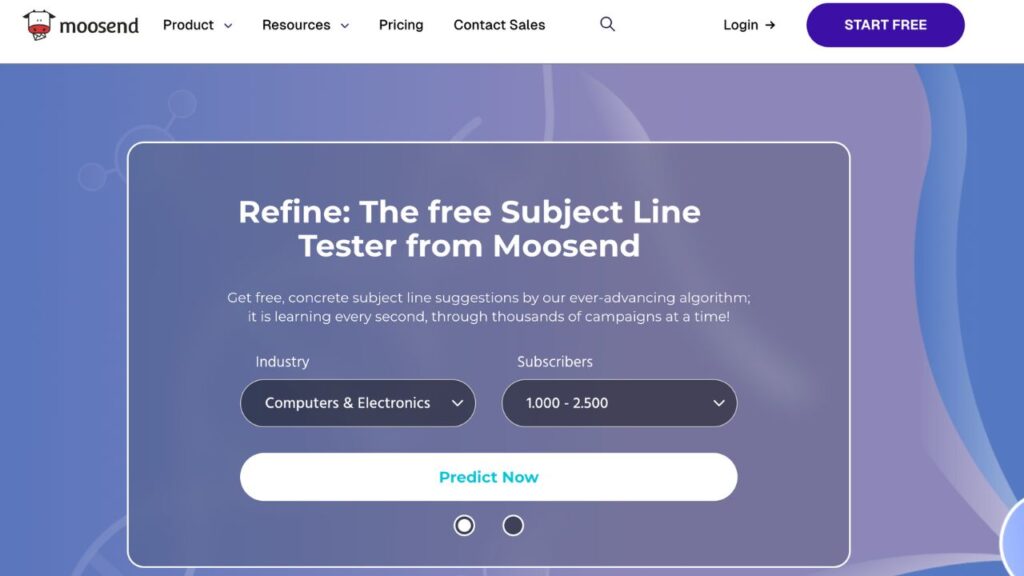 Photo showing the homepage of Moosend's Refined subject line tester