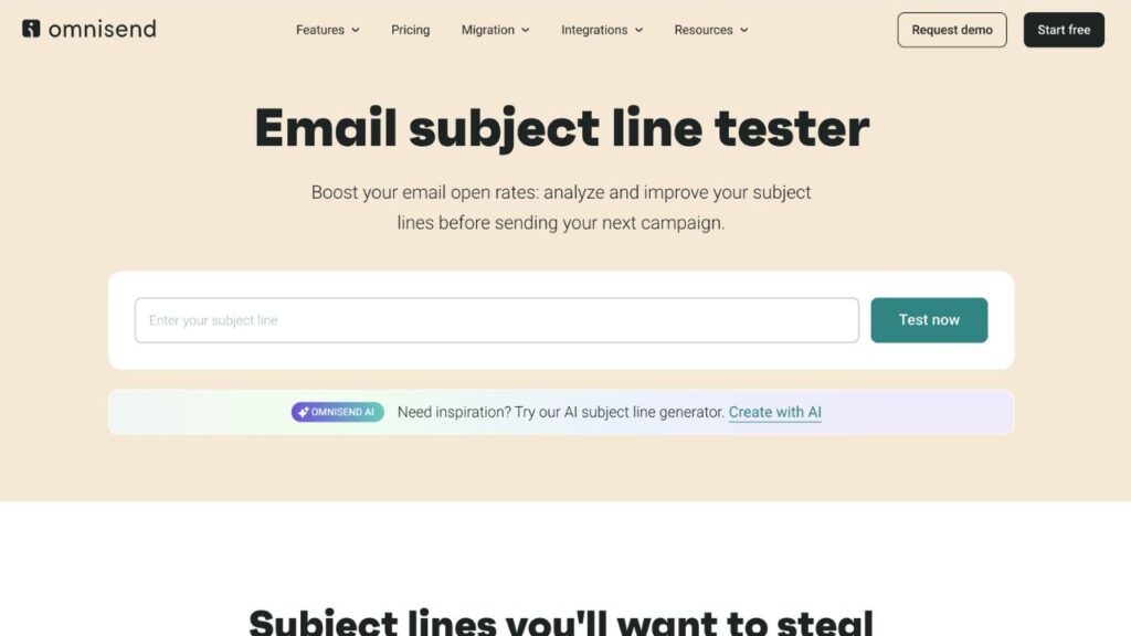 Photo showing the homepage of Omnisend subject line tester