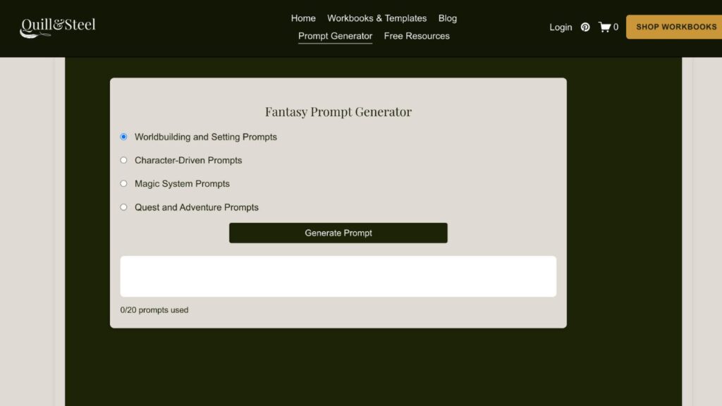 Homepage of Quill & Steel's Fantasy Prompt Generator