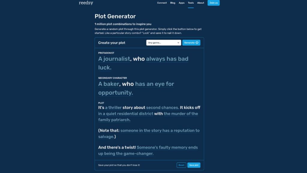 Homepage of Reedsy's plot generator