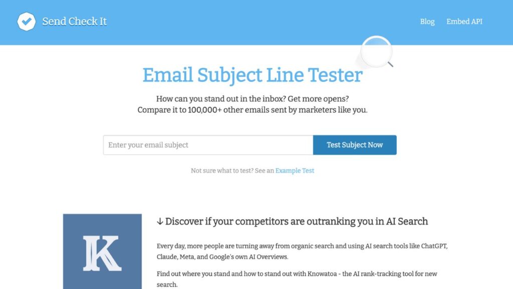 Photo showing the homepage of SendCheckIt subject line tester