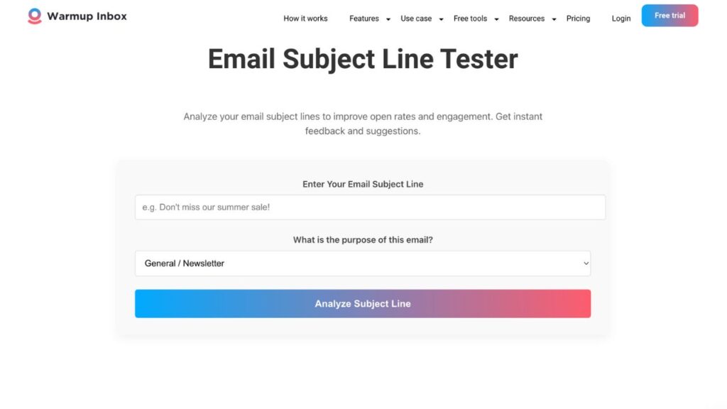 Photo showing the homepage of WarmUp Inbox subject line tester