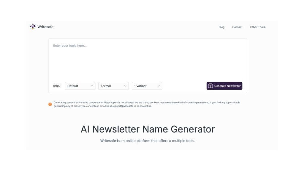 Photo showing Writesafe's AI Newsletter Name Generato