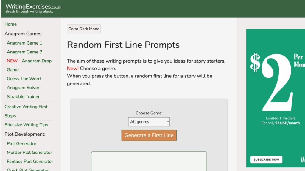 Homepage of WritingExercises.co.uk's random first line prompt