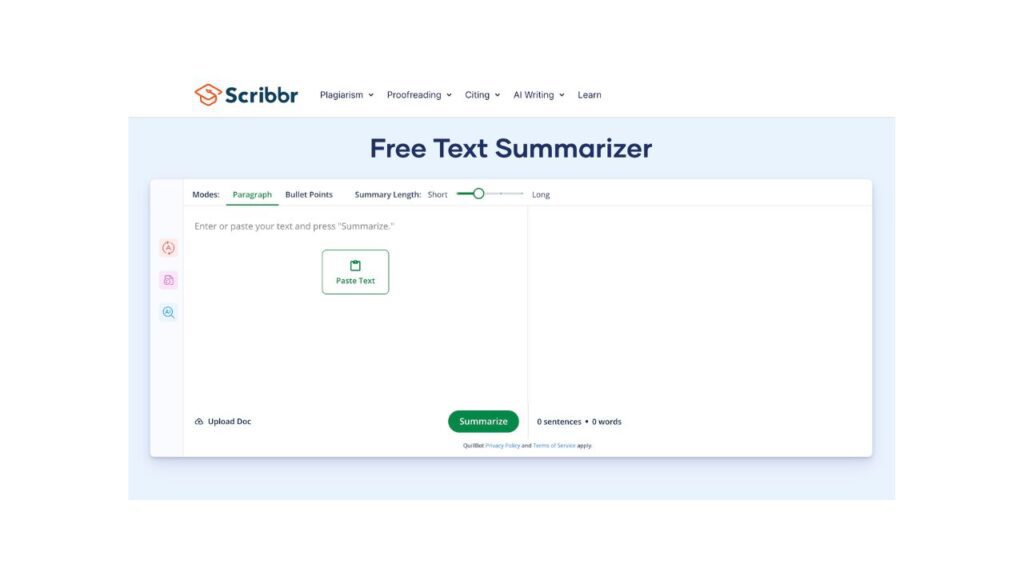 Homepage of Scribbr's free text summarizer