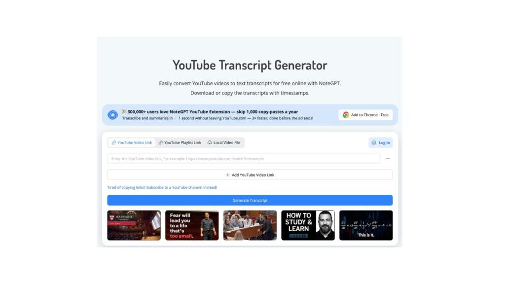 Homepage showing NoteGPT's YouTube Transcript Generator