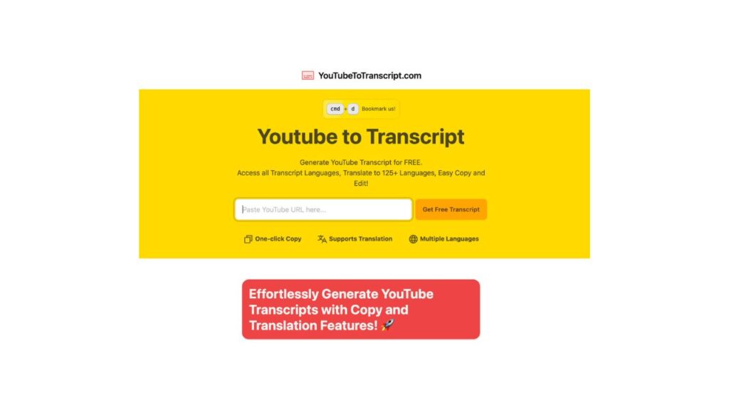 Photo showing the homepage of YouTube to Transcript tool