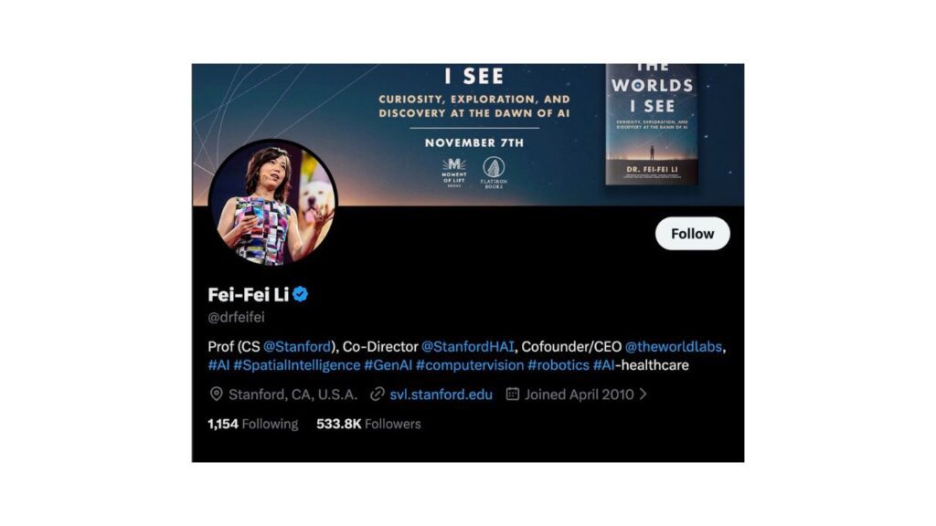 Photo showing Fei-Fei Li's X profile