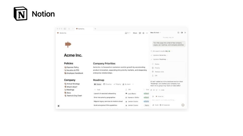 Photo showing an example dashboard of Notion