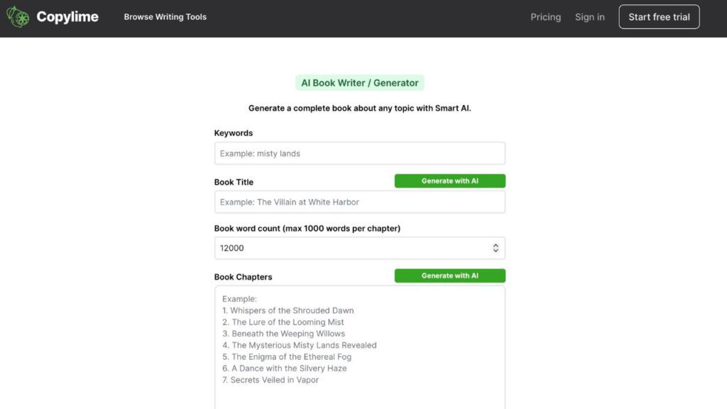 Photo showing Copylime's AI Book Writer Generator