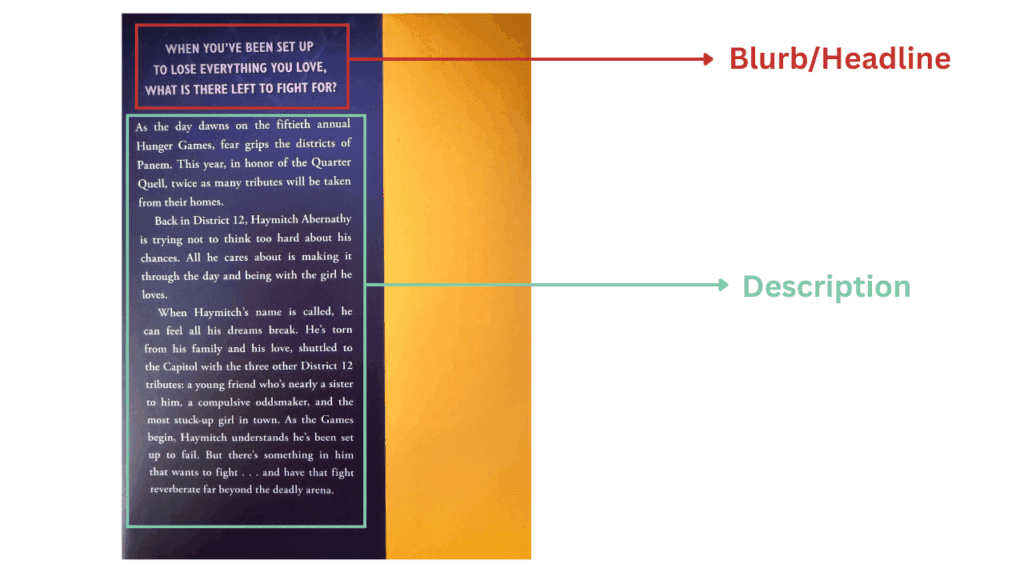 Photo showing an example of a book description and a book blurb