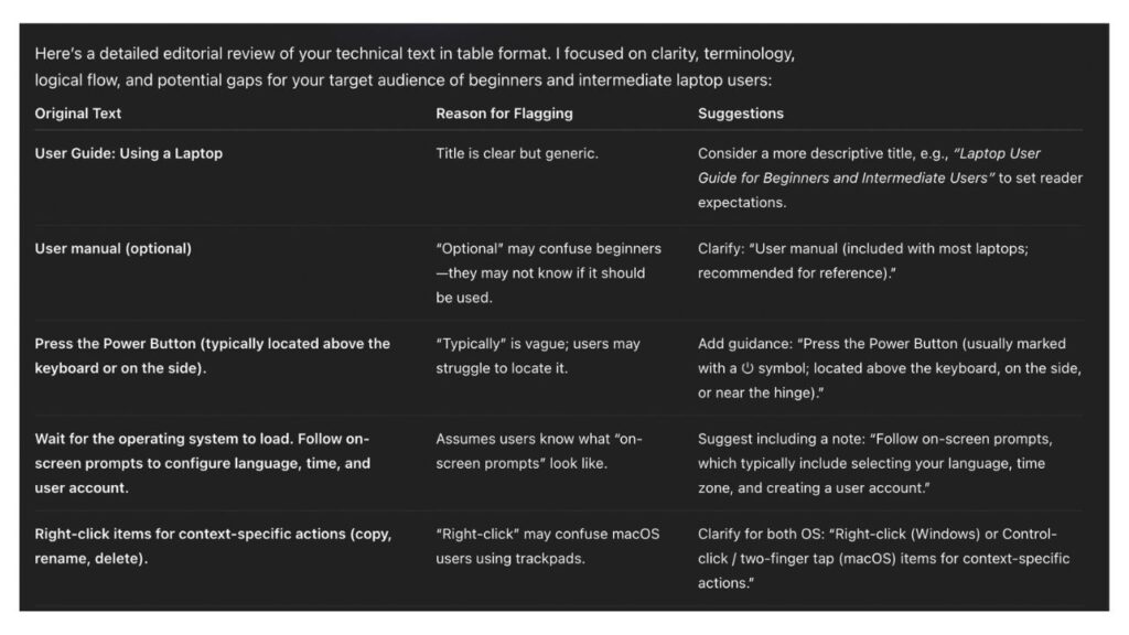 Photo showing an example of AI's feedback