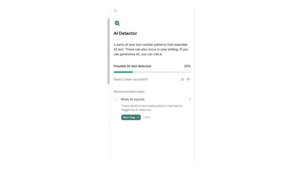 AI results of Grammarly's AI detector