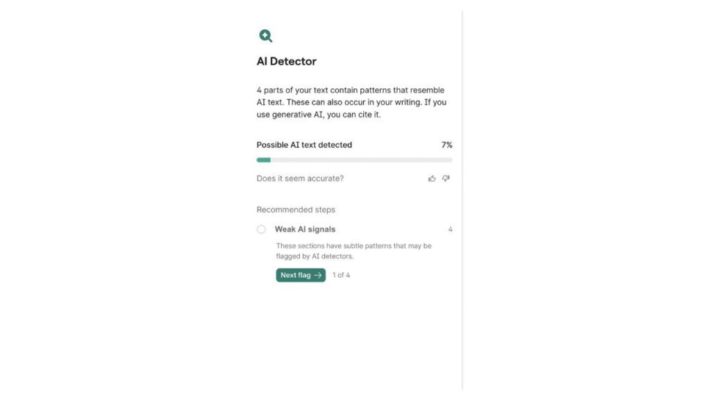 AI results of Grammarly's AI detector